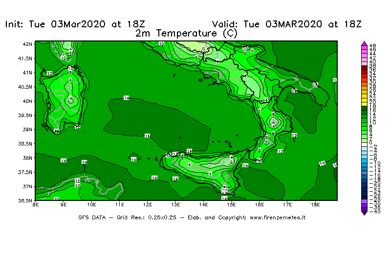 Mappa di analisi GFS - Temperatura a 2 metri dal suolo [°C] in Sud-Italia
							del 03/03/2020 18 <!--googleoff: index-->UTC<!--googleon: index-->