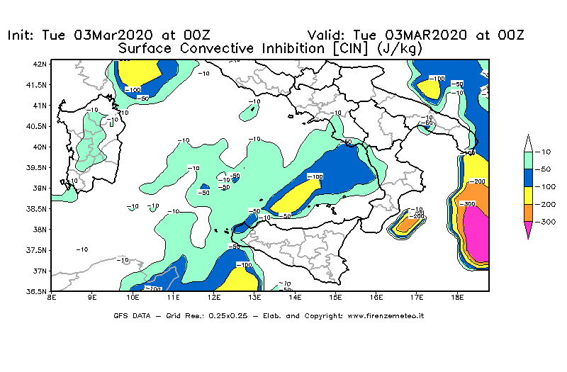 Mappa di analisi GFS - CIN [J/kg] in Sud-Italia
							del 03/03/2020 00 <!--googleoff: index-->UTC<!--googleon: index-->