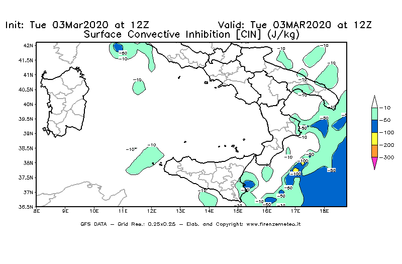 Mappa di analisi GFS - CIN [J/kg] in Sud-Italia
							del 03/03/2020 12 <!--googleoff: index-->UTC<!--googleon: index-->