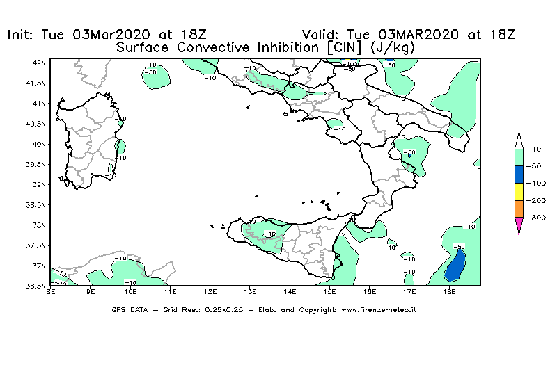 Mappa di analisi GFS - CIN [J/kg] in Sud-Italia
							del 03/03/2020 18 <!--googleoff: index-->UTC<!--googleon: index-->