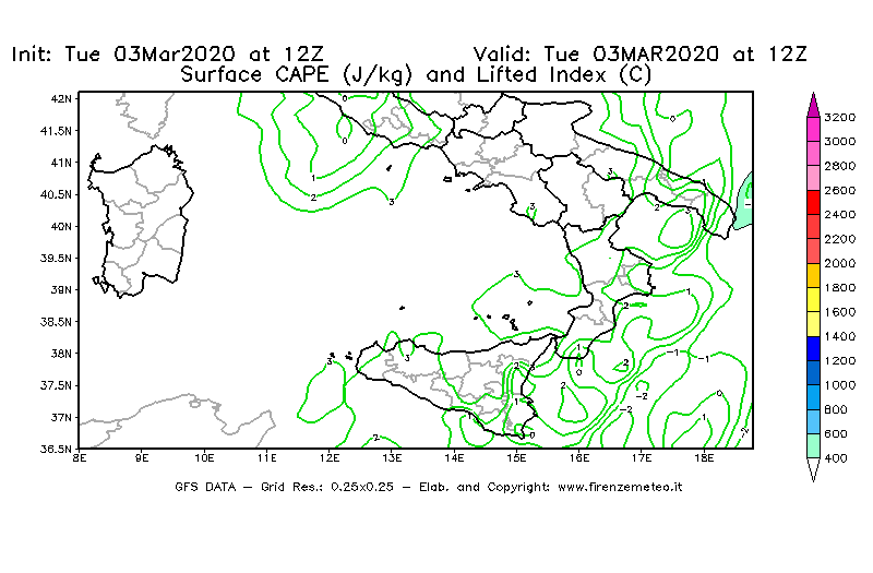 Mappa di analisi GFS - CAPE [J/kg] e Lifted Index [°C] in Sud-Italia
							del 03/03/2020 12 <!--googleoff: index-->UTC<!--googleon: index-->