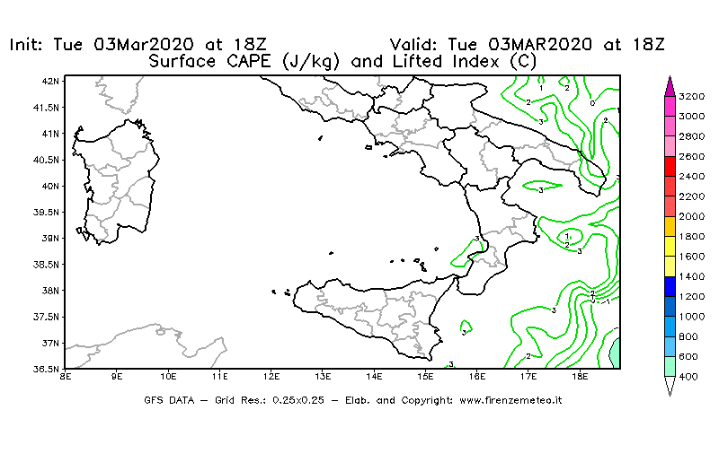 Mappa di analisi GFS - CAPE [J/kg] e Lifted Index [°C] in Sud-Italia
							del 03/03/2020 18 <!--googleoff: index-->UTC<!--googleon: index-->