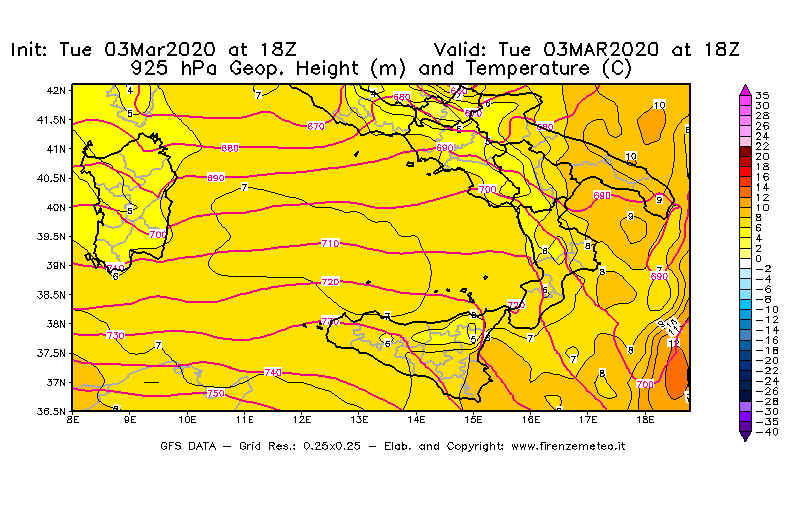 Mappa di analisi GFS - Geopotenziale [m] e Temperatura [°C] a 925 hPa in Sud-Italia
							del 03/03/2020 18 <!--googleoff: index-->UTC<!--googleon: index-->