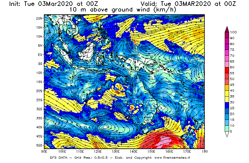 Mappa di analisi GFS - Velocità del vento a 10 metri dal suolo [km/h] in Oceania
							del 03/03/2020 00 <!--googleoff: index-->UTC<!--googleon: index-->