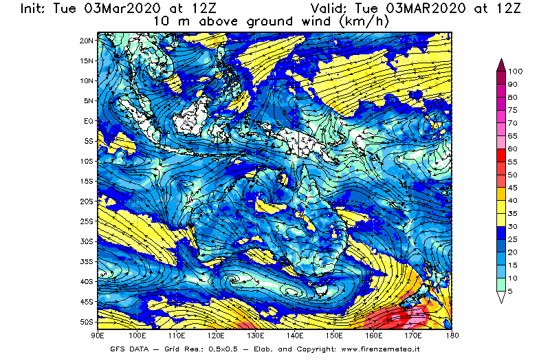 Mappa di analisi GFS - Velocità del vento a 10 metri dal suolo [km/h] in Oceania
							del 03/03/2020 12 <!--googleoff: index-->UTC<!--googleon: index-->