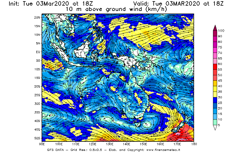 Mappa di analisi GFS - Velocità del vento a 10 metri dal suolo [km/h] in Oceania
							del 03/03/2020 18 <!--googleoff: index-->UTC<!--googleon: index-->