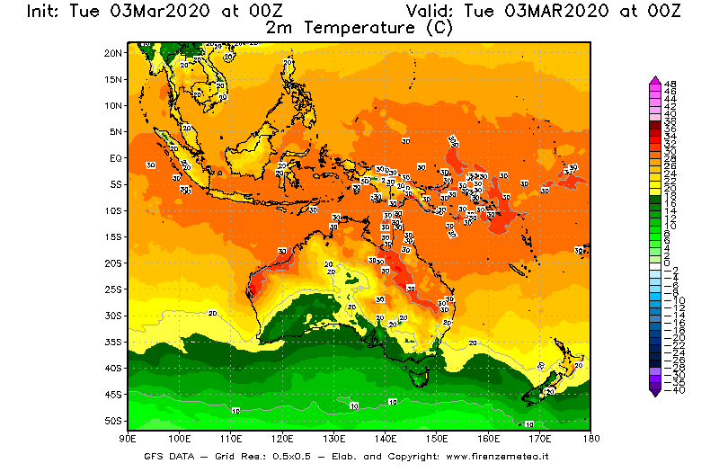 Mappa di analisi GFS - Temperatura a 2 metri dal suolo [°C] in Oceania
							del 03/03/2020 00 <!--googleoff: index-->UTC<!--googleon: index-->