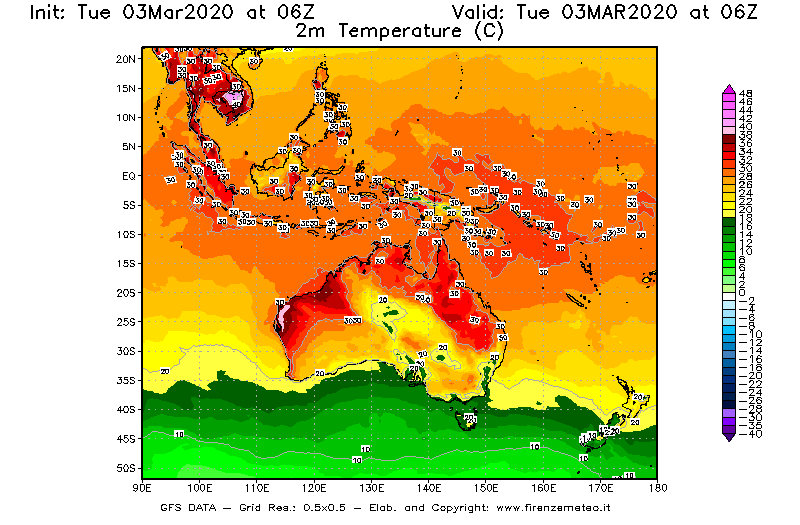 Mappa di analisi GFS - Temperatura a 2 metri dal suolo [°C] in Oceania
							del 03/03/2020 06 <!--googleoff: index-->UTC<!--googleon: index-->
