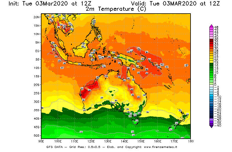 Mappa di analisi GFS - Temperatura a 2 metri dal suolo [°C] in Oceania
							del 03/03/2020 12 <!--googleoff: index-->UTC<!--googleon: index-->