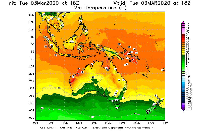 Mappa di analisi GFS - Temperatura a 2 metri dal suolo [°C] in Oceania
							del 03/03/2020 18 <!--googleoff: index-->UTC<!--googleon: index-->
