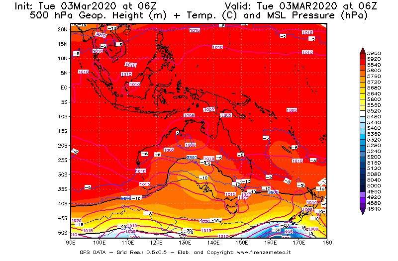 Mappa di analisi GFS - Geopotenziale [m] + Temp. [°C] a 500 hPa + Press. a livello del mare [hPa] in Oceania
							del 03/03/2020 06 <!--googleoff: index-->UTC<!--googleon: index-->