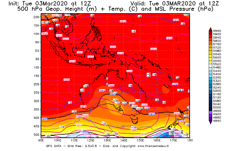 Mappa di analisi GFS - Geopotenziale [m] + Temp. [°C] a 500 hPa + Press. a livello del mare [hPa] in Oceania
							del 03/03/2020 12 <!--googleoff: index-->UTC<!--googleon: index-->