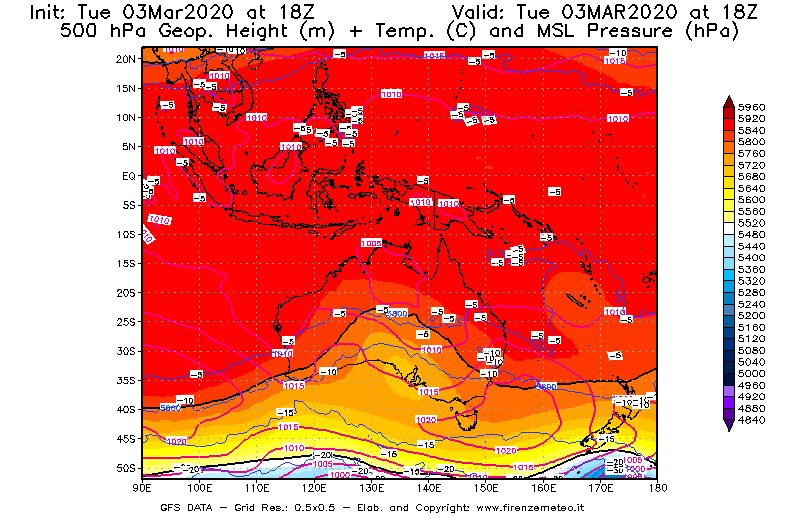 Mappa di analisi GFS - Geopotenziale [m] + Temp. [°C] a 500 hPa + Press. a livello del mare [hPa] in Oceania
							del 03/03/2020 18 <!--googleoff: index-->UTC<!--googleon: index-->