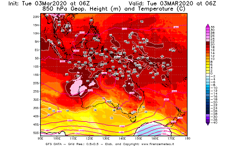 Mappa di analisi GFS - Geopotenziale [m] e Temperatura [°C] a 850 hPa in Oceania
							del 03/03/2020 06 <!--googleoff: index-->UTC<!--googleon: index-->