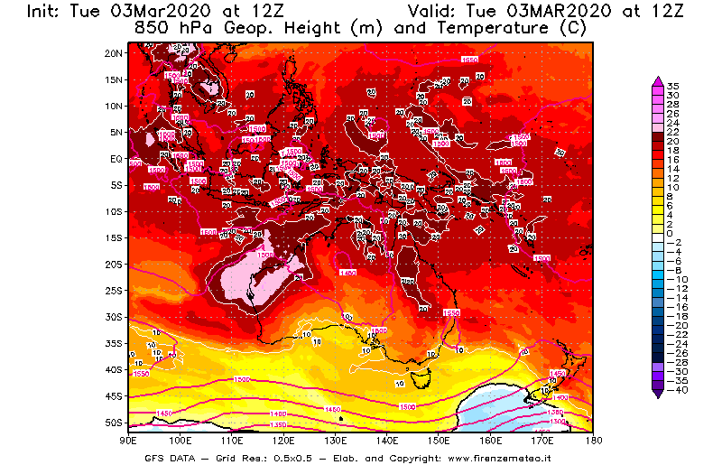 Mappa di analisi GFS - Geopotenziale [m] e Temperatura [°C] a 850 hPa in Oceania
							del 03/03/2020 12 <!--googleoff: index-->UTC<!--googleon: index-->