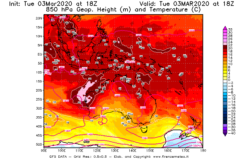 Mappa di analisi GFS - Geopotenziale [m] e Temperatura [°C] a 850 hPa in Oceania
							del 03/03/2020 18 <!--googleoff: index-->UTC<!--googleon: index-->