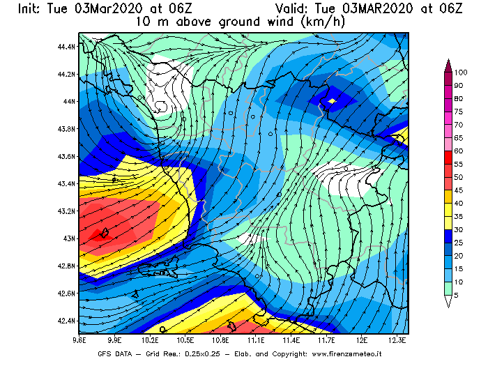 Mappa di analisi GFS - Velocità del vento a 10 metri dal suolo [km/h] in Toscana
							del 03/03/2020 06 <!--googleoff: index-->UTC<!--googleon: index-->
