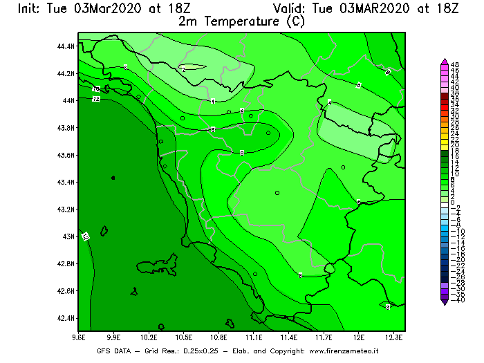 Mappa di analisi GFS - Temperatura a 2 metri dal suolo [°C] in Toscana
							del 03/03/2020 18 <!--googleoff: index-->UTC<!--googleon: index-->
