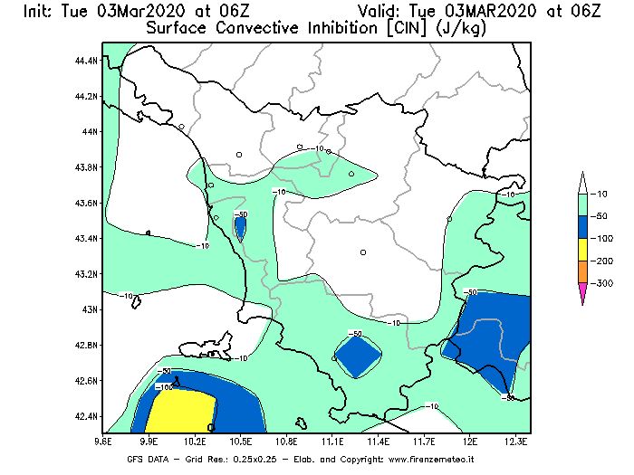 Mappa di analisi GFS - CIN [J/kg] in Toscana
							del 03/03/2020 06 <!--googleoff: index-->UTC<!--googleon: index-->