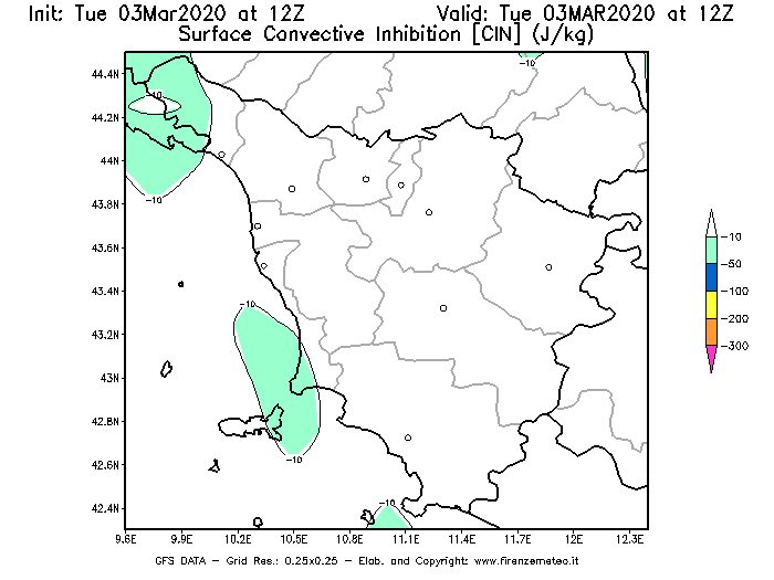 Mappa di analisi GFS - CIN [J/kg] in Toscana
							del 03/03/2020 12 <!--googleoff: index-->UTC<!--googleon: index-->