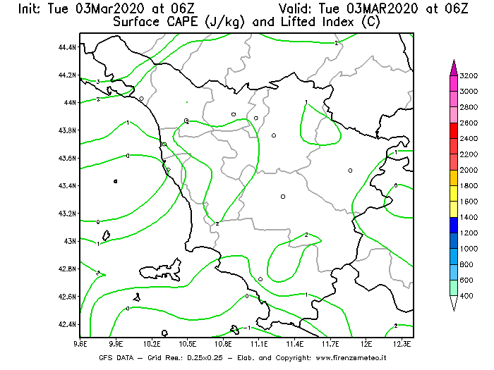 Mappa di analisi GFS - CAPE [J/kg] e Lifted Index [°C] in Toscana
							del 03/03/2020 06 <!--googleoff: index-->UTC<!--googleon: index-->