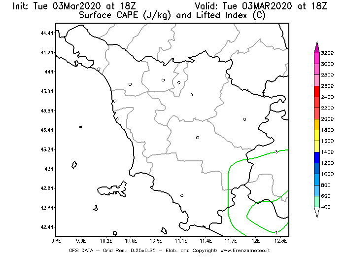 Mappa di analisi GFS - CAPE [J/kg] e Lifted Index [°C] in Toscana
							del 03/03/2020 18 <!--googleoff: index-->UTC<!--googleon: index-->