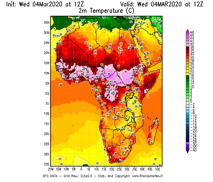 Mappa di analisi GFS - Temperatura a 2 metri dal suolo [°C] in Africa
							del 04/03/2020 12 <!--googleoff: index-->UTC<!--googleon: index-->