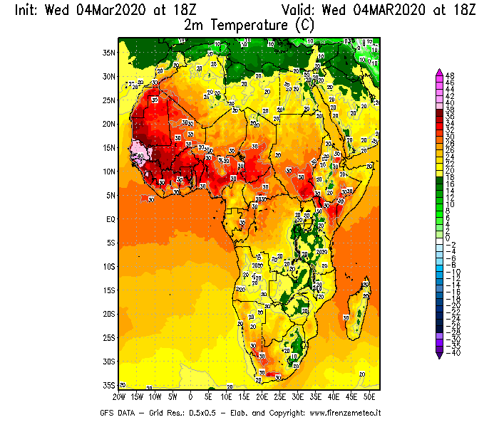 Mappa di analisi GFS - Temperatura a 2 metri dal suolo [°C] in Africa
							del 04/03/2020 18 <!--googleoff: index-->UTC<!--googleon: index-->