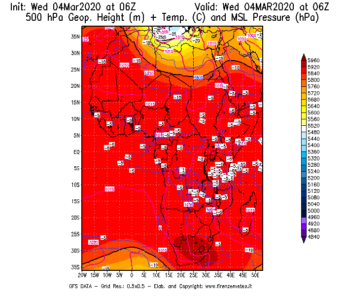 Mappa di analisi GFS - Geopotenziale [m] + Temp. [°C] a 500 hPa + Press. a livello del mare [hPa] in Africa
							del 04/03/2020 06 <!--googleoff: index-->UTC<!--googleon: index-->
