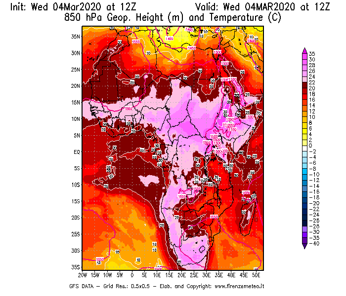 Mappa di analisi GFS - Geopotenziale [m] e Temperatura [°C] a 850 hPa in Africa
							del 04/03/2020 12 <!--googleoff: index-->UTC<!--googleon: index-->