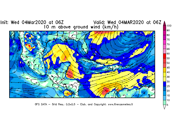 Mappa di analisi GFS - Velocità del vento a 10 metri dal suolo [km/h] in Centro-America
							del 04/03/2020 06 <!--googleoff: index-->UTC<!--googleon: index-->