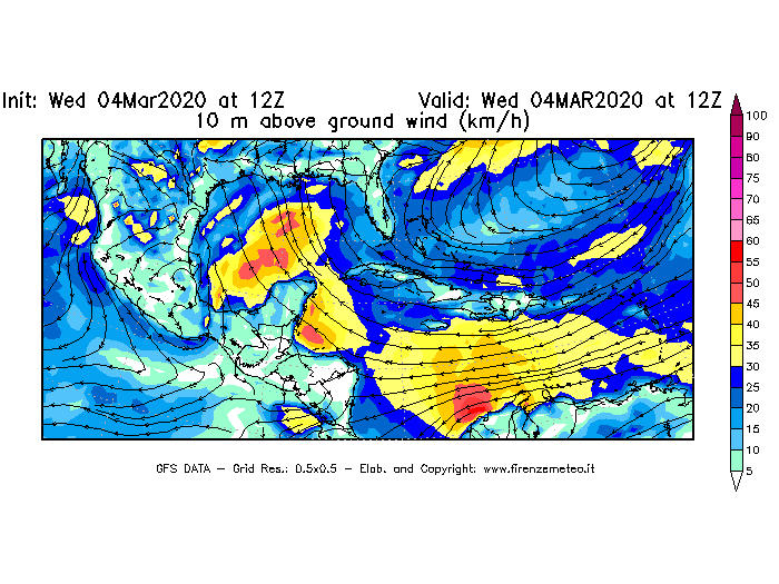 Mappa di analisi GFS - Velocità del vento a 10 metri dal suolo [km/h] in Centro-America
							del 04/03/2020 12 <!--googleoff: index-->UTC<!--googleon: index-->