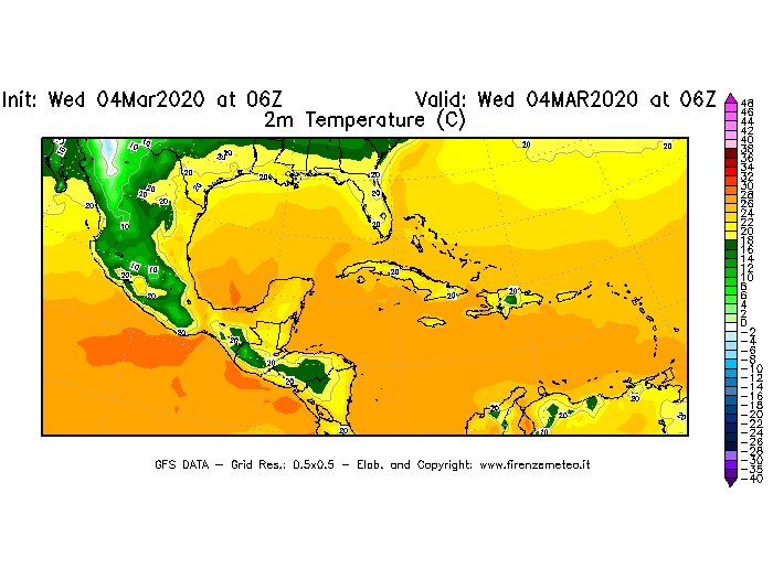 Mappa di analisi GFS - Temperatura a 2 metri dal suolo [°C] in Centro-America
							del 04/03/2020 06 <!--googleoff: index-->UTC<!--googleon: index-->