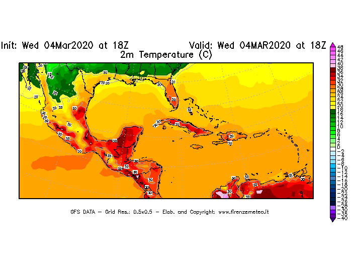 Mappa di analisi GFS - Temperatura a 2 metri dal suolo [°C] in Centro-America
							del 04/03/2020 18 <!--googleoff: index-->UTC<!--googleon: index-->