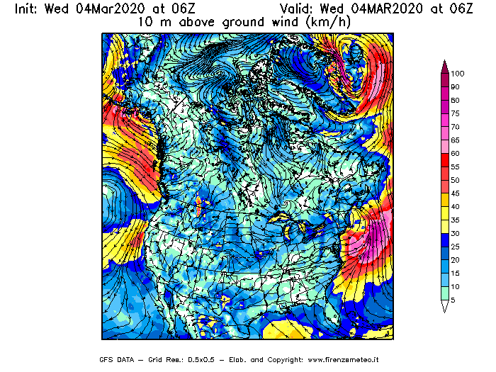 Mappa di analisi GFS - Velocità del vento a 10 metri dal suolo [km/h] in Nord-America
							del 04/03/2020 06 <!--googleoff: index-->UTC<!--googleon: index-->