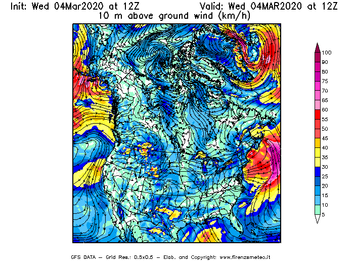 Mappa di analisi GFS - Velocità del vento a 10 metri dal suolo [km/h] in Nord-America
							del 04/03/2020 12 <!--googleoff: index-->UTC<!--googleon: index-->