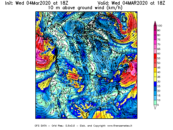 Mappa di analisi GFS - Velocità del vento a 10 metri dal suolo [km/h] in Nord-America
							del 04/03/2020 18 <!--googleoff: index-->UTC<!--googleon: index-->