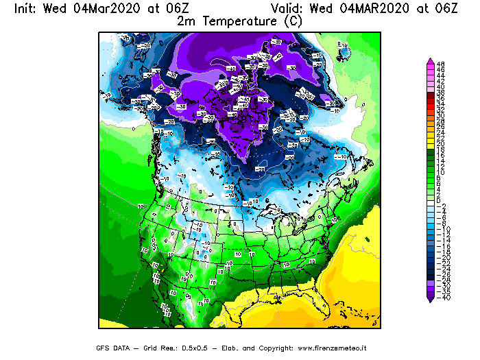 Mappa di analisi GFS - Temperatura a 2 metri dal suolo [°C] in Nord-America
							del 04/03/2020 06 <!--googleoff: index-->UTC<!--googleon: index-->