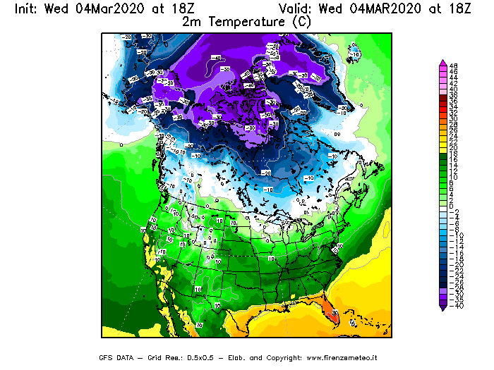 Mappa di analisi GFS - Temperatura a 2 metri dal suolo [°C] in Nord-America
							del 04/03/2020 18 <!--googleoff: index-->UTC<!--googleon: index-->