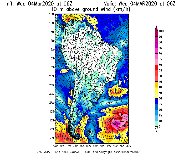Mappa di analisi GFS - Velocità del vento a 10 metri dal suolo [km/h] in Sud-America
							del 04/03/2020 06 <!--googleoff: index-->UTC<!--googleon: index-->