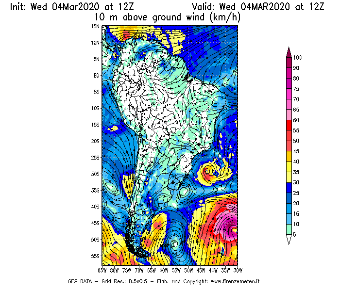 Mappa di analisi GFS - Velocità del vento a 10 metri dal suolo [km/h] in Sud-America
							del 04/03/2020 12 <!--googleoff: index-->UTC<!--googleon: index-->