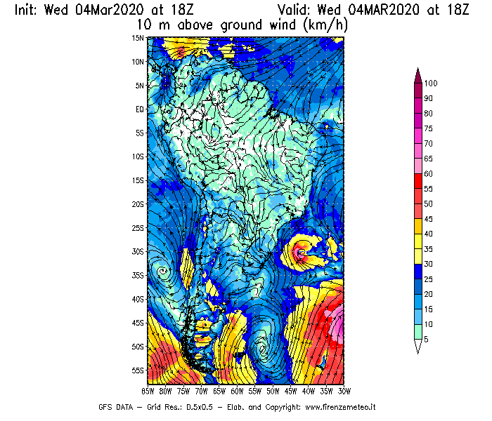 Mappa di analisi GFS - Velocità del vento a 10 metri dal suolo [km/h] in Sud-America
							del 04/03/2020 18 <!--googleoff: index-->UTC<!--googleon: index-->