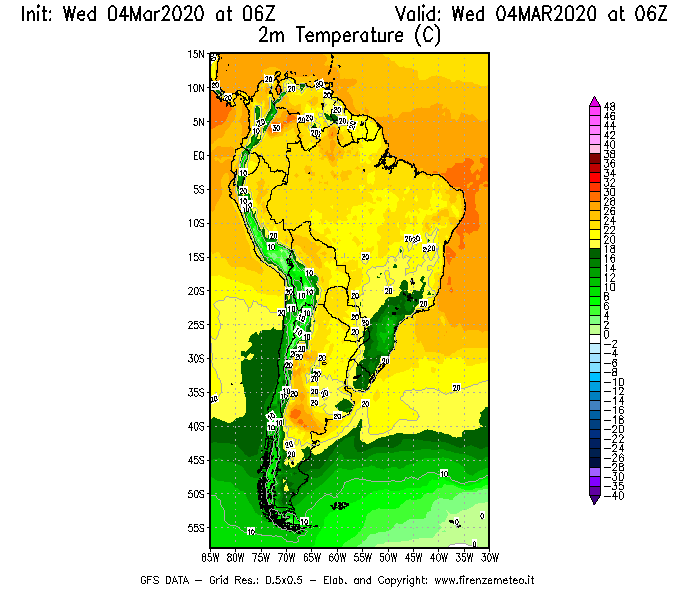 Mappa di analisi GFS - Temperatura a 2 metri dal suolo [°C] in Sud-America
							del 04/03/2020 06 <!--googleoff: index-->UTC<!--googleon: index-->