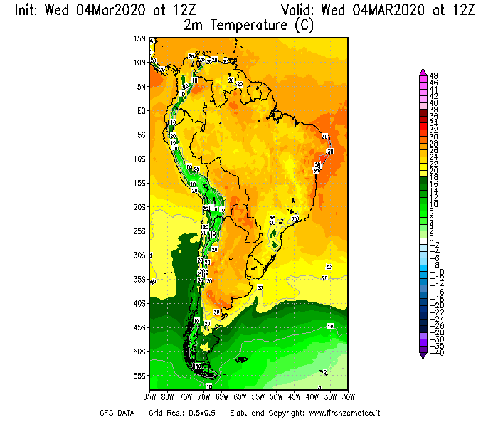 Mappa di analisi GFS - Temperatura a 2 metri dal suolo [°C] in Sud-America
							del 04/03/2020 12 <!--googleoff: index-->UTC<!--googleon: index-->
