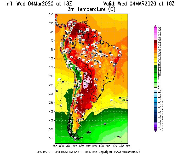 Mappa di analisi GFS - Temperatura a 2 metri dal suolo [°C] in Sud-America
							del 04/03/2020 18 <!--googleoff: index-->UTC<!--googleon: index-->