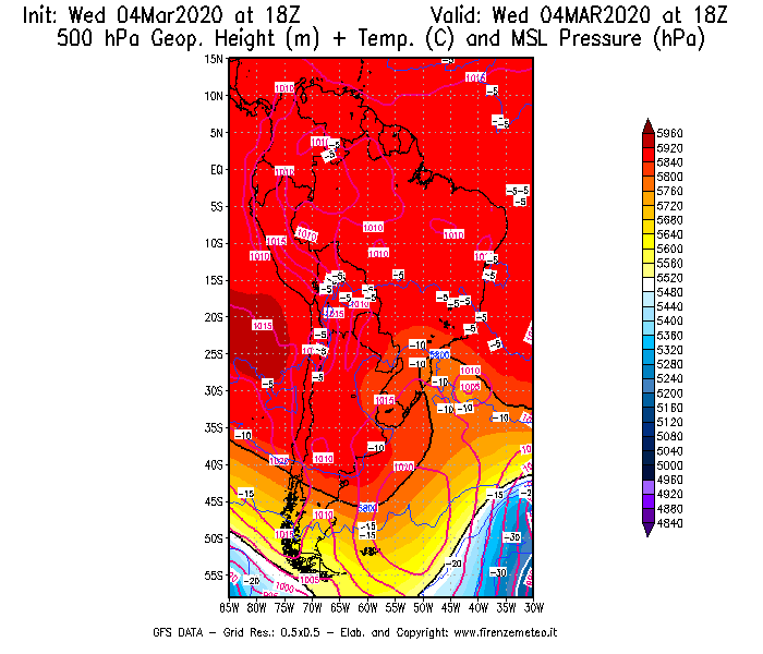 Mappa di analisi GFS - Geopotenziale [m] + Temp. [°C] a 500 hPa + Press. a livello del mare [hPa] in Sud-America
							del 04/03/2020 18 <!--googleoff: index-->UTC<!--googleon: index-->