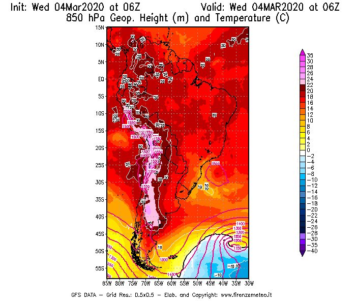 Mappa di analisi GFS - Geopotenziale [m] e Temperatura [°C] a 850 hPa in Sud-America
							del 04/03/2020 06 <!--googleoff: index-->UTC<!--googleon: index-->
