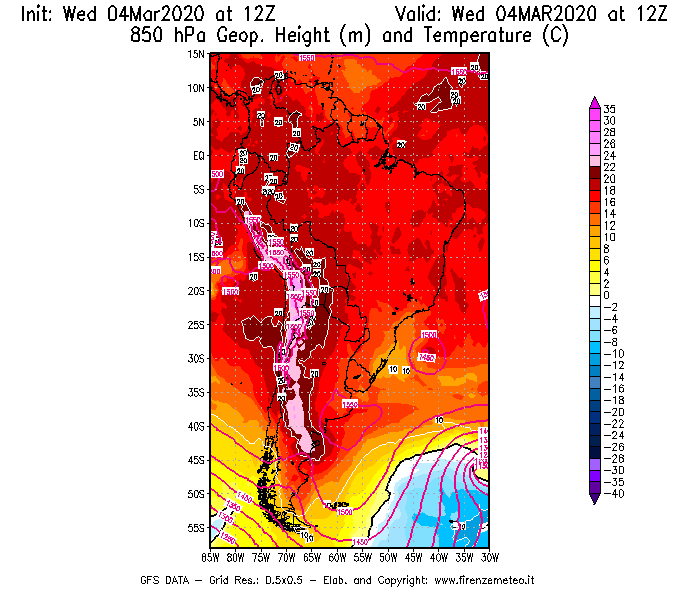 Mappa di analisi GFS - Geopotenziale [m] e Temperatura [°C] a 850 hPa in Sud-America
							del 04/03/2020 12 <!--googleoff: index-->UTC<!--googleon: index-->