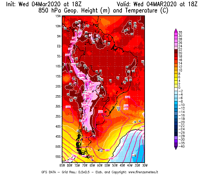 Mappa di analisi GFS - Geopotenziale [m] e Temperatura [°C] a 850 hPa in Sud-America
							del 04/03/2020 18 <!--googleoff: index-->UTC<!--googleon: index-->