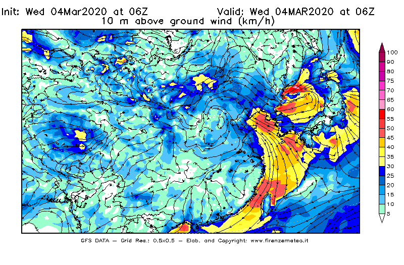 Mappa di analisi GFS - Velocità del vento a 10 metri dal suolo [km/h] in Asia Orientale
							del 04/03/2020 06 <!--googleoff: index-->UTC<!--googleon: index-->